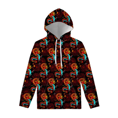 Red Dragon Lotus Pattern Print Pullover Hoodie