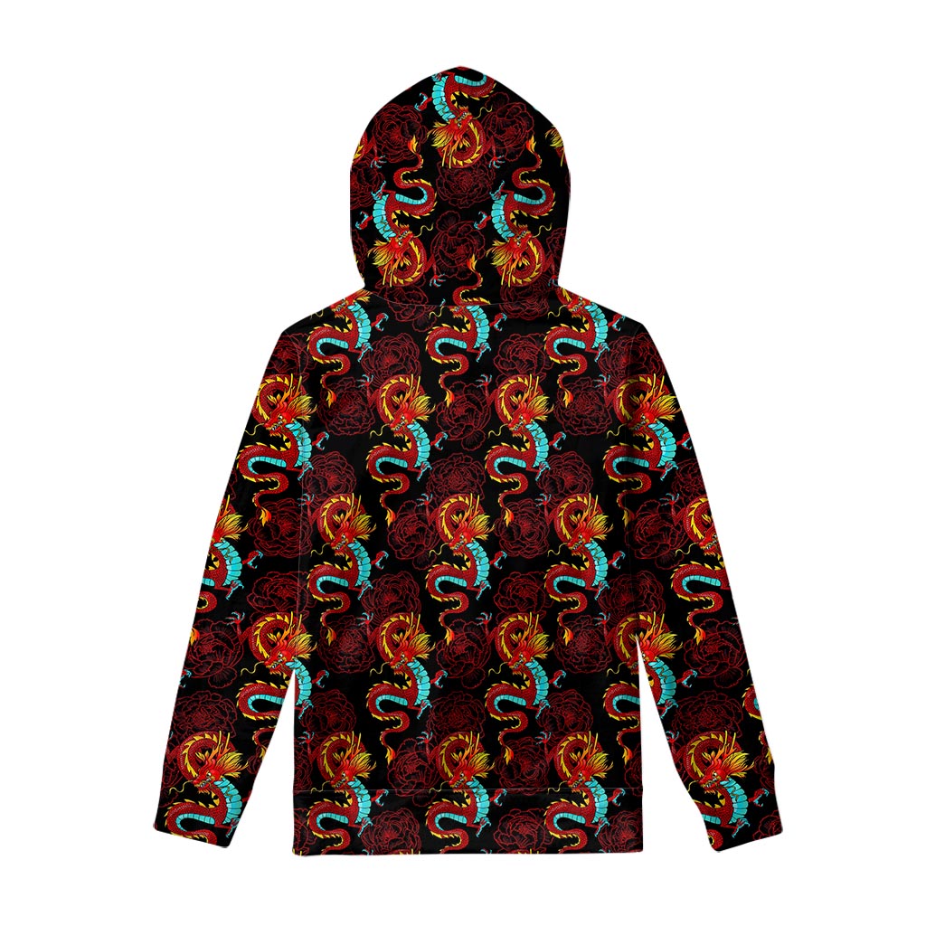 Red Dragon Lotus Pattern Print Pullover Hoodie