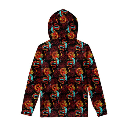 Red Dragon Lotus Pattern Print Pullover Hoodie