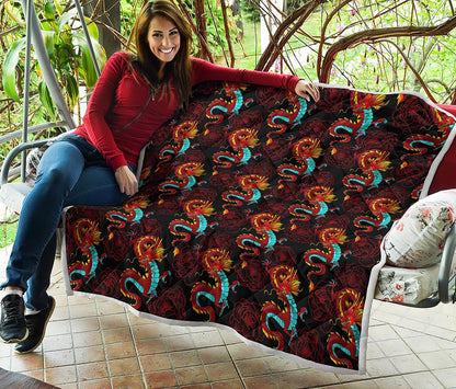 Red Dragon Lotus Pattern Print Quilt