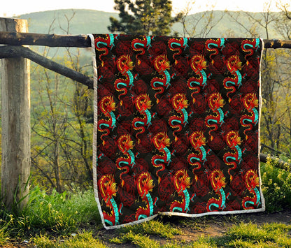 Red Dragon Lotus Pattern Print Quilt