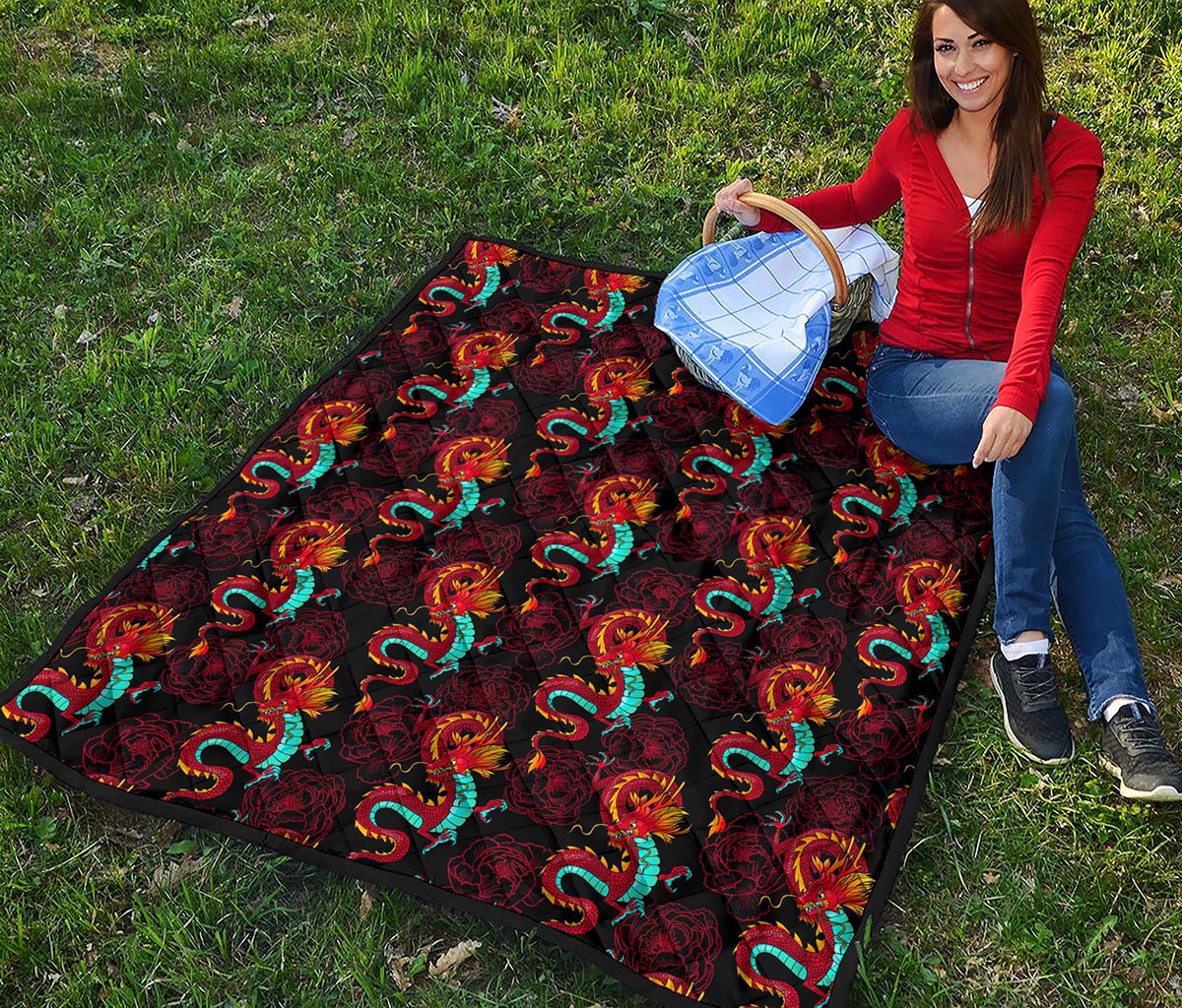 Red Dragon Lotus Pattern Print Quilt