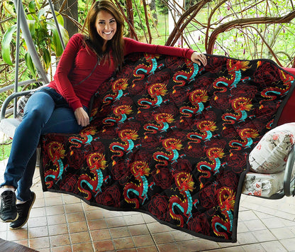 Red Dragon Lotus Pattern Print Quilt