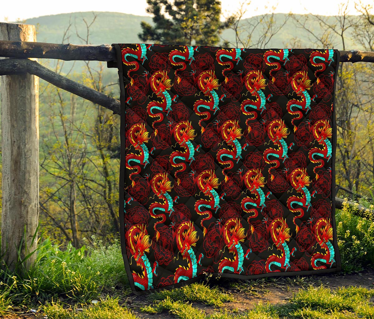 Red Dragon Lotus Pattern Print Quilt