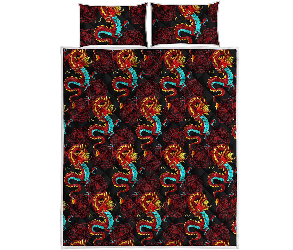 Red Dragon Lotus Pattern Print Quilt Bed Set