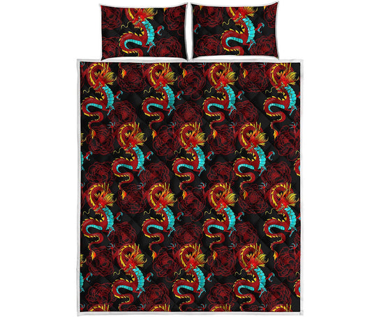 Red Dragon Lotus Pattern Print Quilt Bed Set