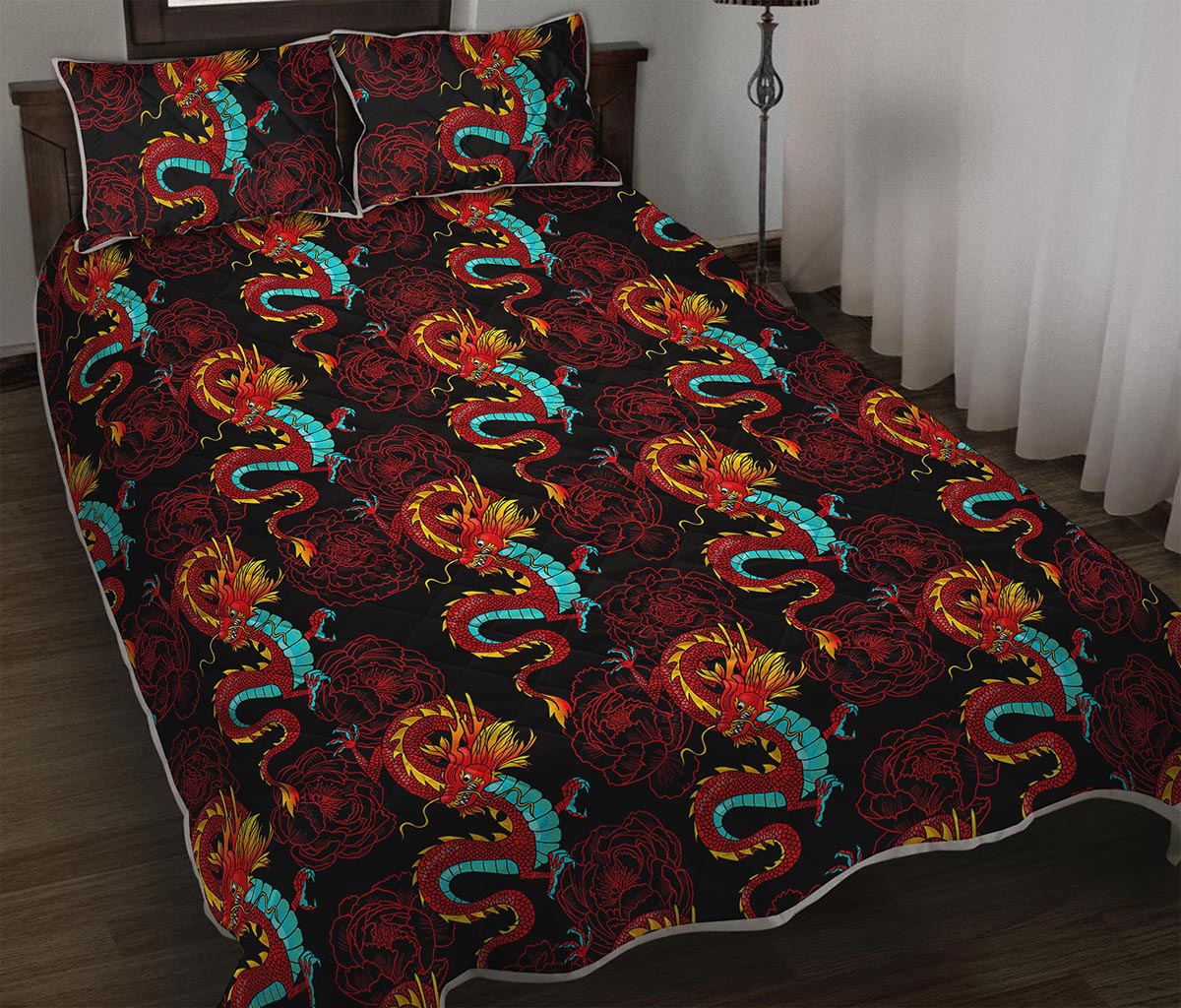 Red Dragon Lotus Pattern Print Quilt Bed Set