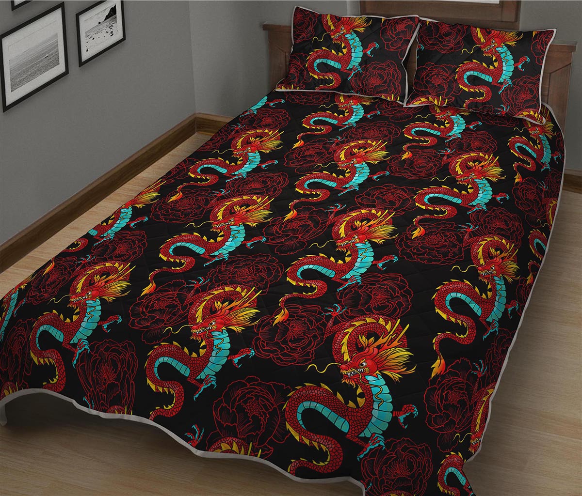 Red Dragon Lotus Pattern Print Quilt Bed Set