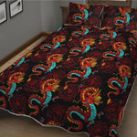 Red Dragon Lotus Pattern Print Quilt Bed Set