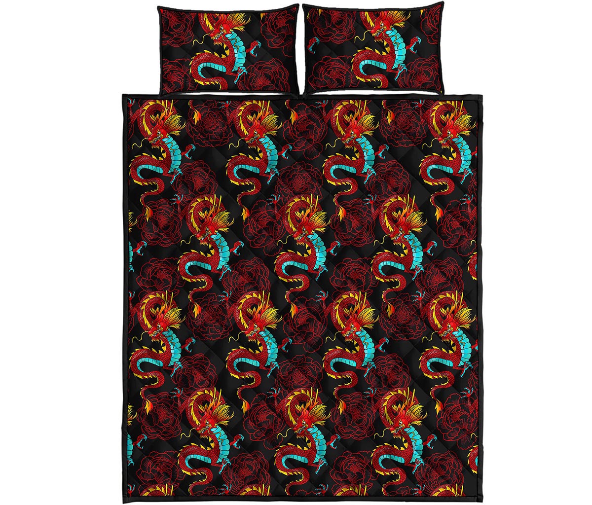 Red Dragon Lotus Pattern Print Quilt Bed Set