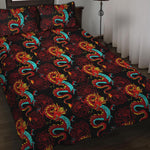 Red Dragon Lotus Pattern Print Quilt Bed Set