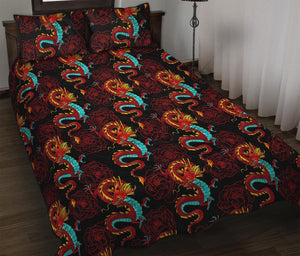 Red Dragon Lotus Pattern Print Quilt Bed Set