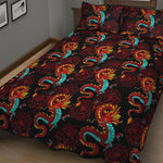 Red Dragon Lotus Pattern Print Quilt Bed Set