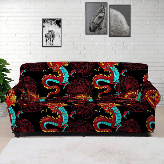 Red Dragon Lotus Pattern Print Sofa Cover