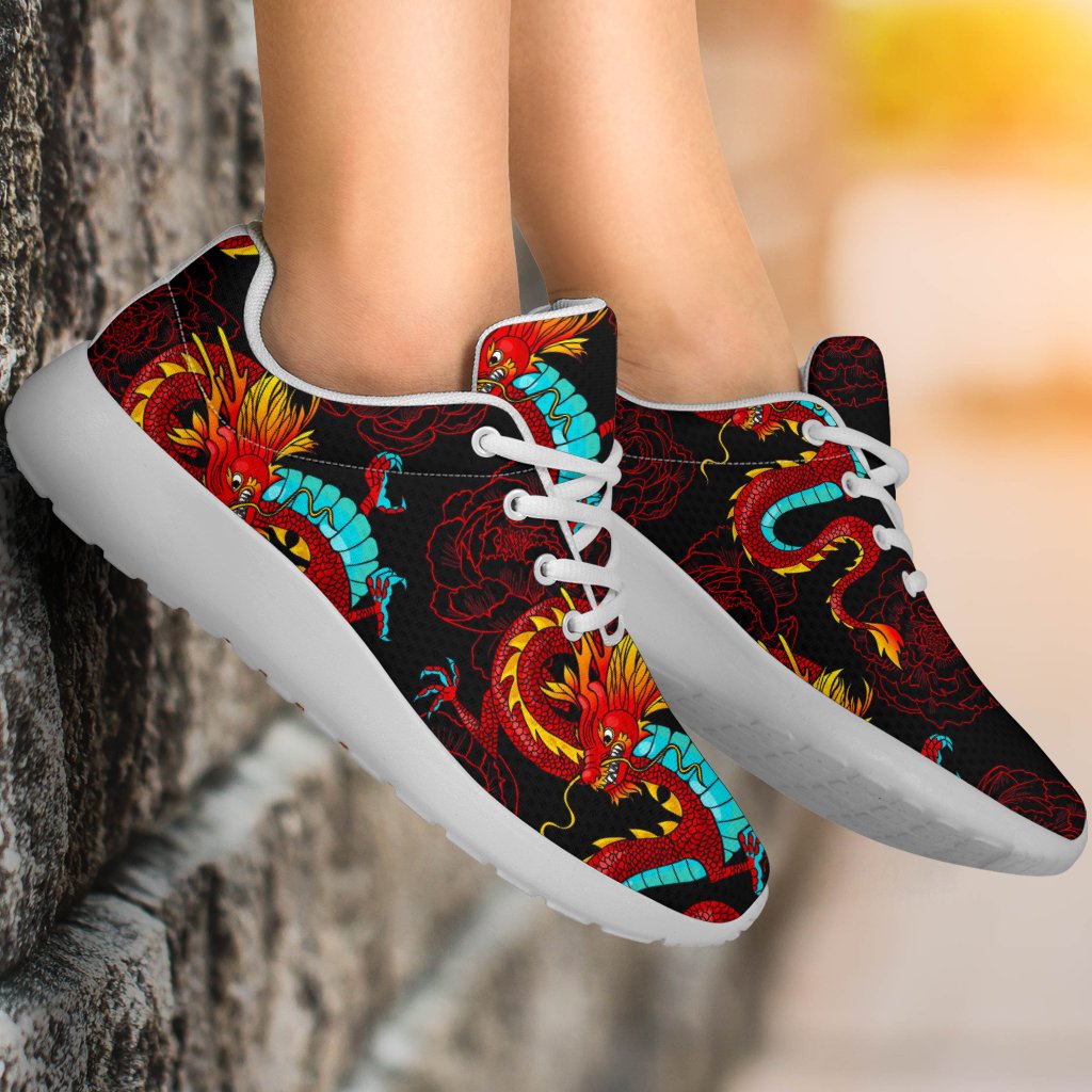 Red Dragon Lotus Pattern Print Sport Shoes GearFrost