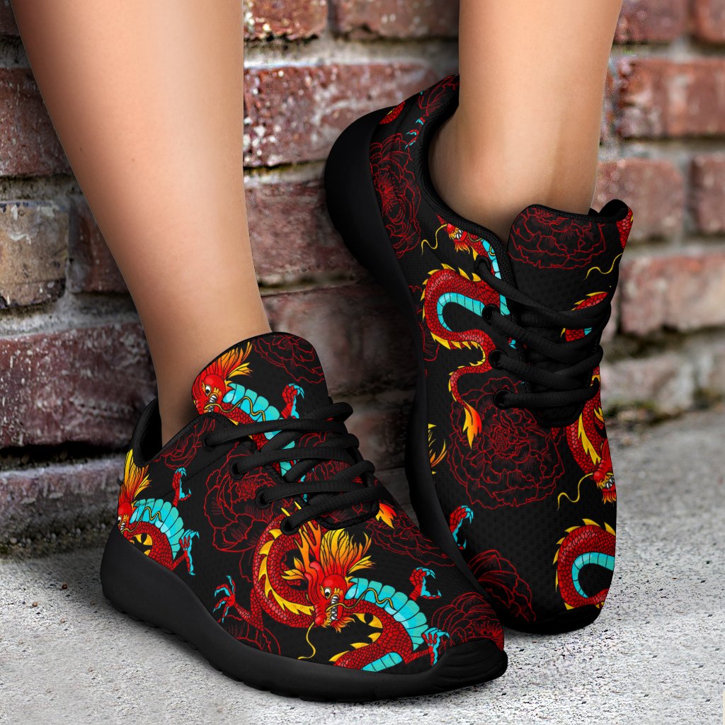 Red Dragon Lotus Pattern Print Sport Shoes GearFrost