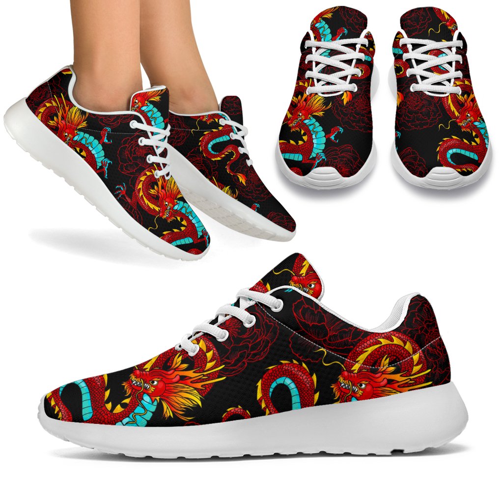 Red Dragon Lotus Pattern Print Sport Shoes GearFrost