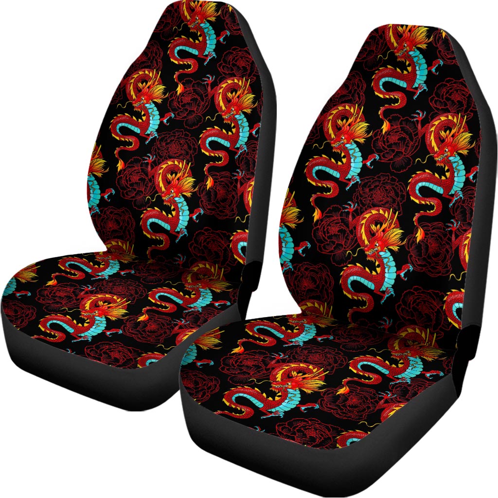Red Dragon Lotus Pattern Print Universal Fit Car Seat Covers