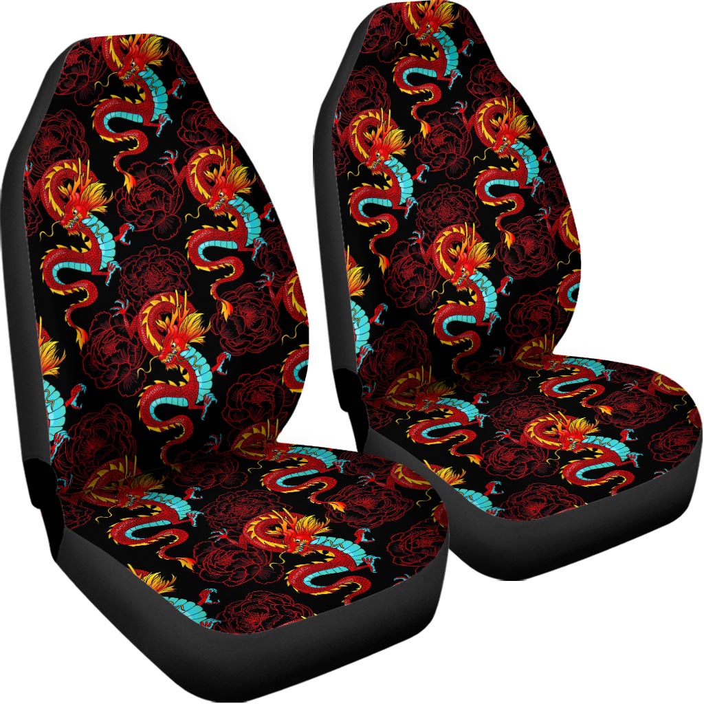 Red Dragon Lotus Pattern Print Universal Fit Car Seat Covers