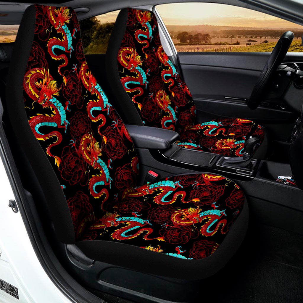 Red Dragon Lotus Pattern Print Universal Fit Car Seat Covers