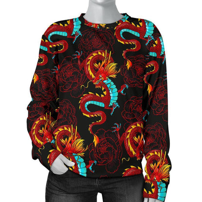 Red Dragon Lotus Pattern Print Women's Crewneck Sweatshirt GearFrost