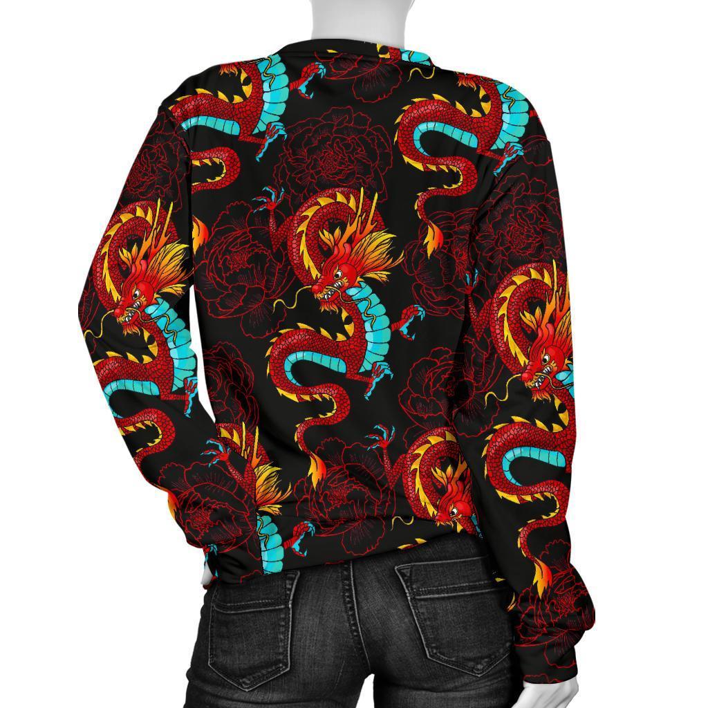 Red Dragon Lotus Pattern Print Women's Crewneck Sweatshirt GearFrost