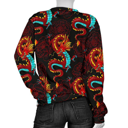 Red Dragon Lotus Pattern Print Women's Crewneck Sweatshirt GearFrost