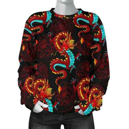 Red Dragon Lotus Pattern Print Women's Crewneck Sweatshirt GearFrost