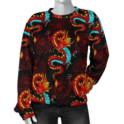 Red Dragon Lotus Pattern Print Women's Crewneck Sweatshirt GearFrost