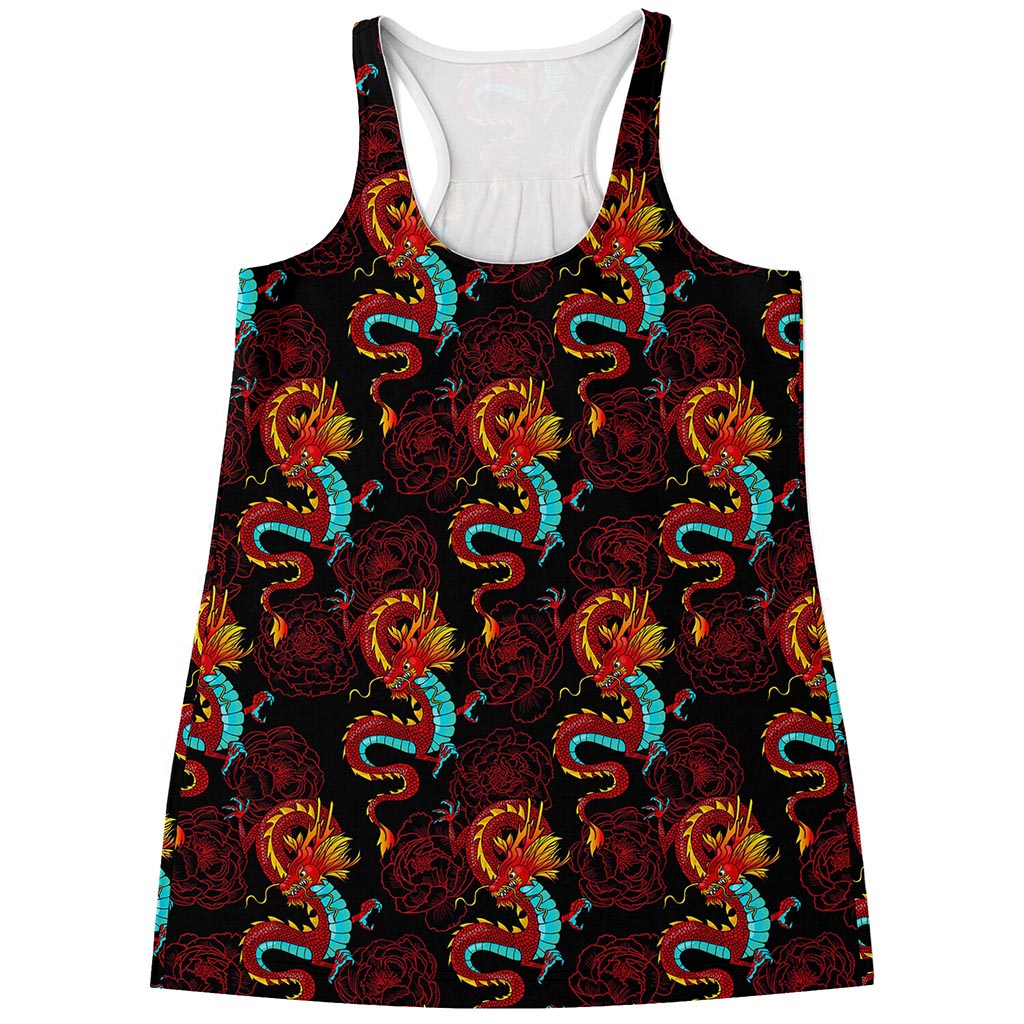 Red Dragon Lotus Pattern Print Women's Racerback Tank Top