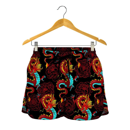 Red Dragon Lotus Pattern Print Women's Shorts