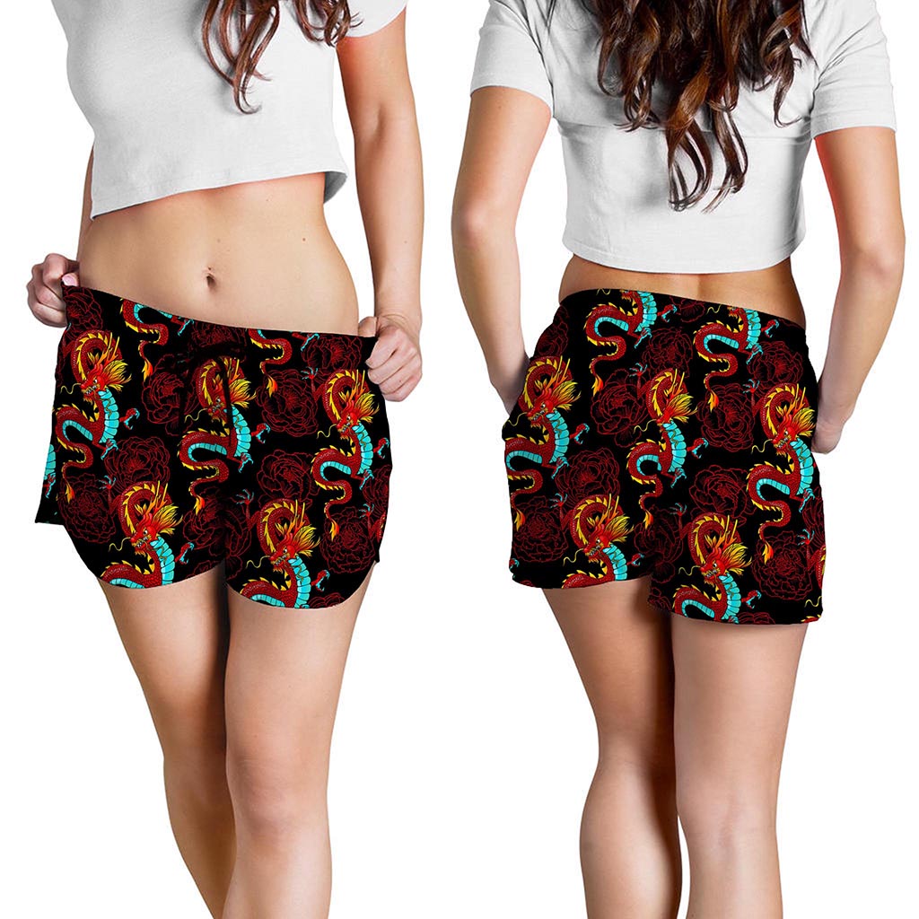 Red Dragon Lotus Pattern Print Women's Shorts