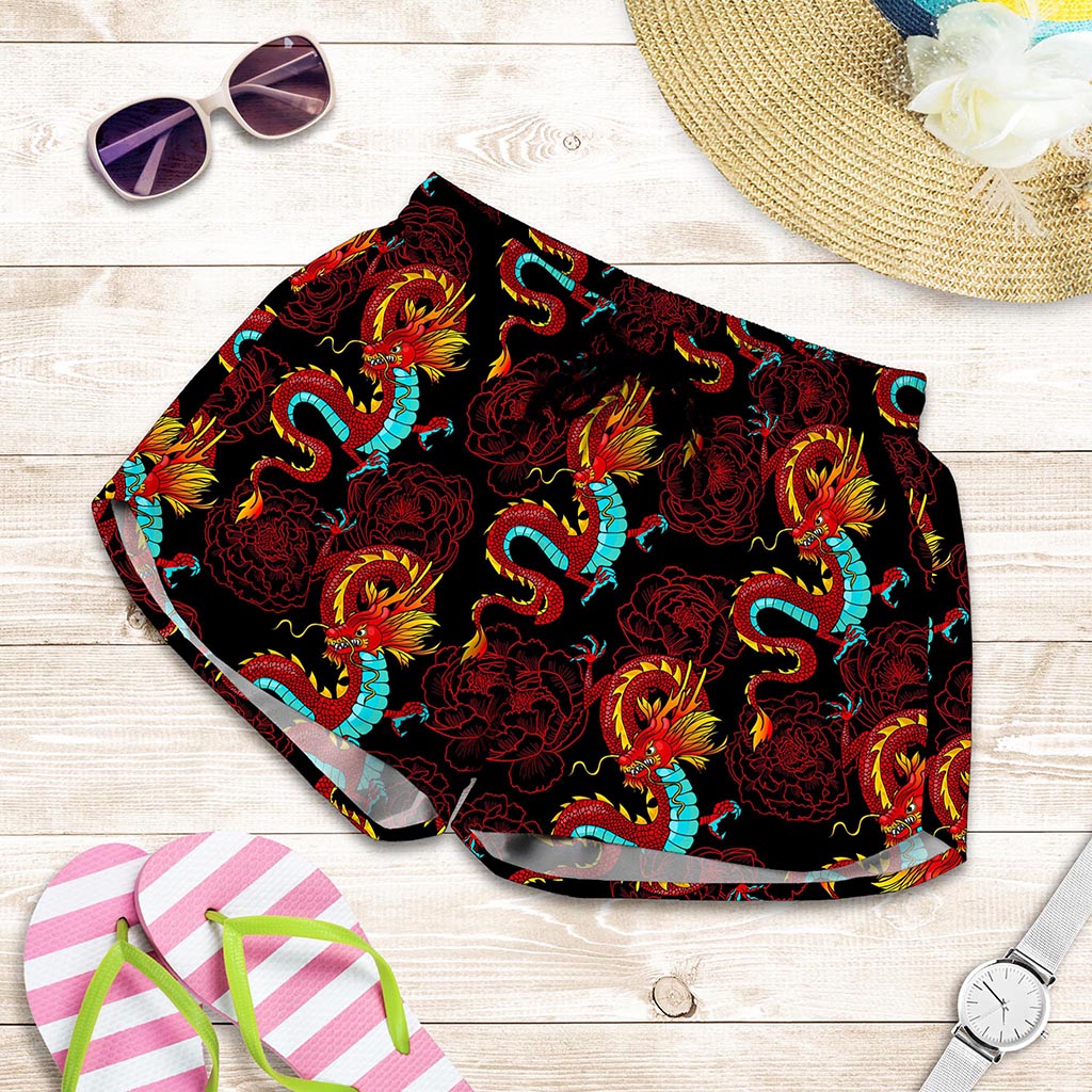 Red Dragon Lotus Pattern Print Women's Shorts