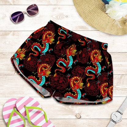 Red Dragon Lotus Pattern Print Women's Shorts