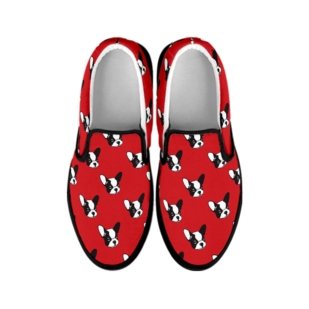 Red French Bulldog Pattern Print Black Slip On Shoes