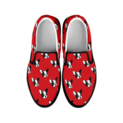 Red French Bulldog Pattern Print Black Slip On Shoes