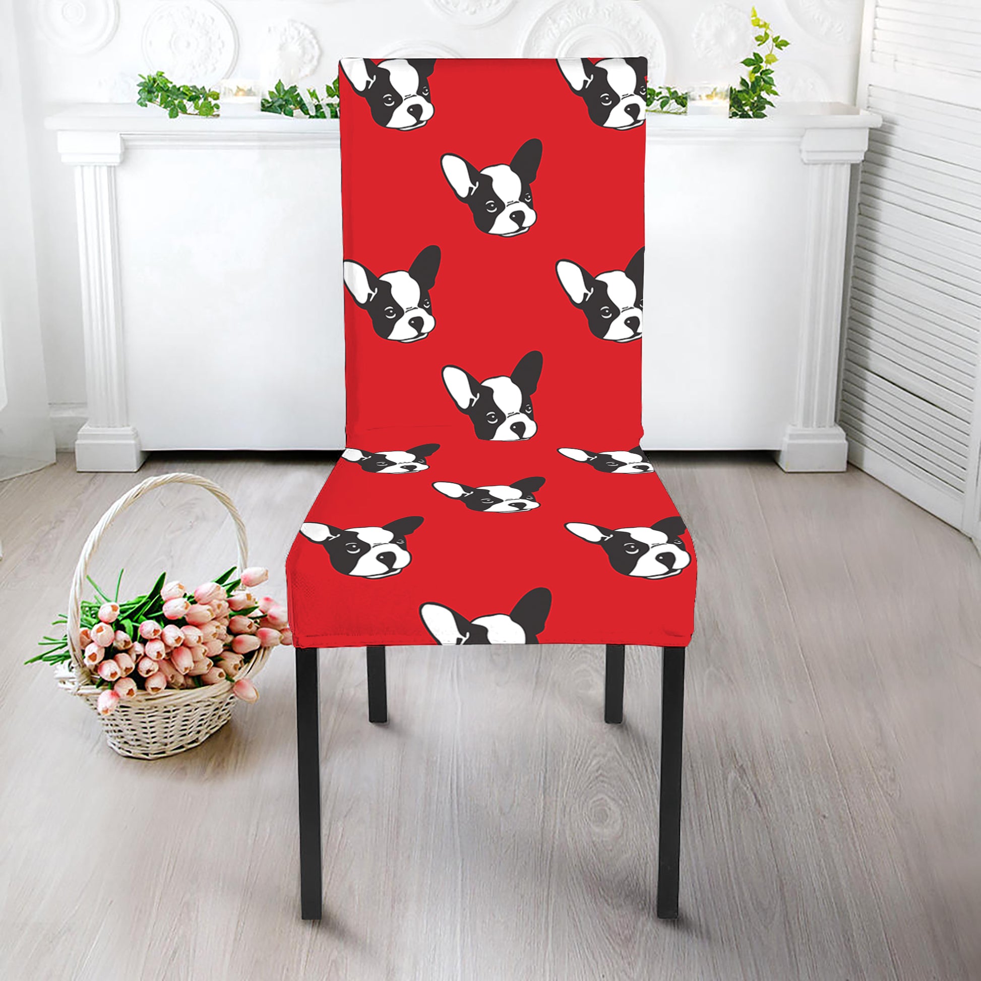 Red French Bulldog Pattern Print Dining Chair Slipcover