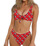 Red French Bulldog Pattern Print Front Bow Tie Bikini
