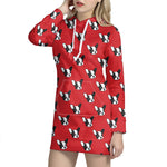 Red French Bulldog Pattern Print Hoodie Dress