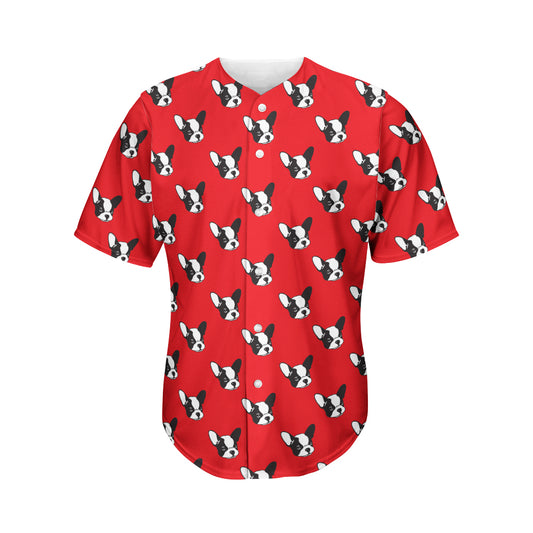 Red French Bulldog Pattern Print Men's Baseball Jersey