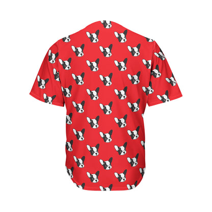 Red French Bulldog Pattern Print Men's Baseball Jersey