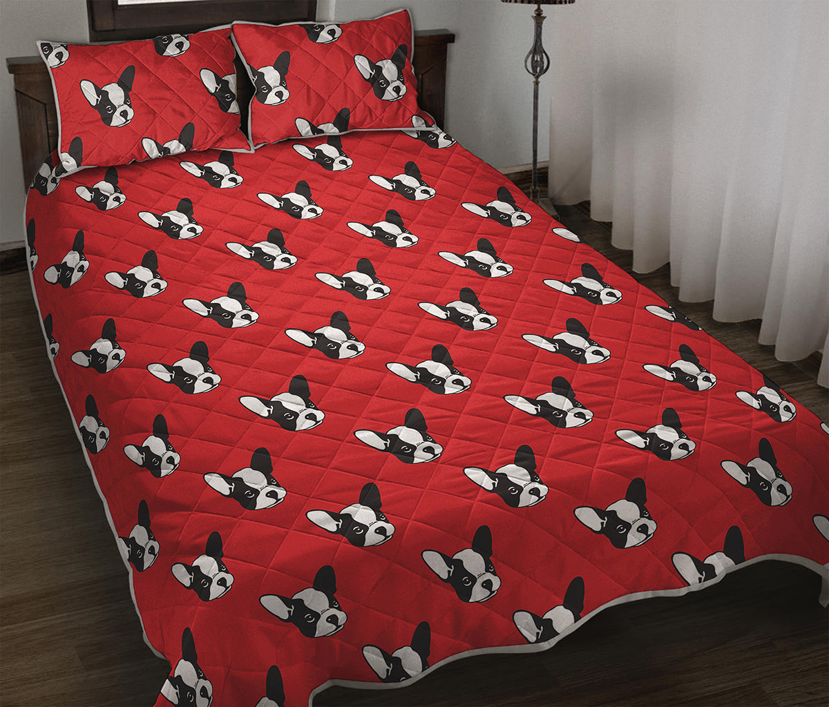 Red French Bulldog Pattern Print Quilt Bed Set
