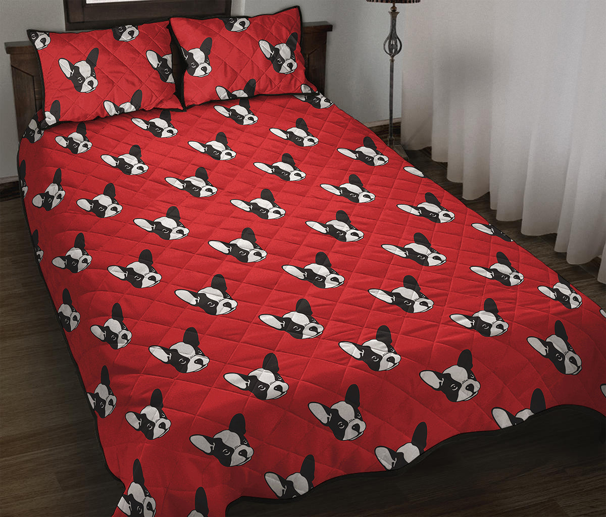 Red French Bulldog Pattern Print Quilt Bed Set