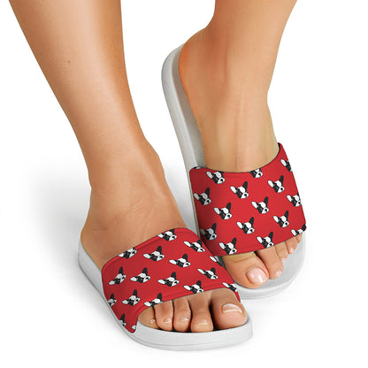 Red French Bulldog Pattern Print White Slide Sandals