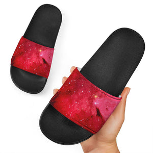 Red Galaxy Space Cloud Print Black Slide Sandals