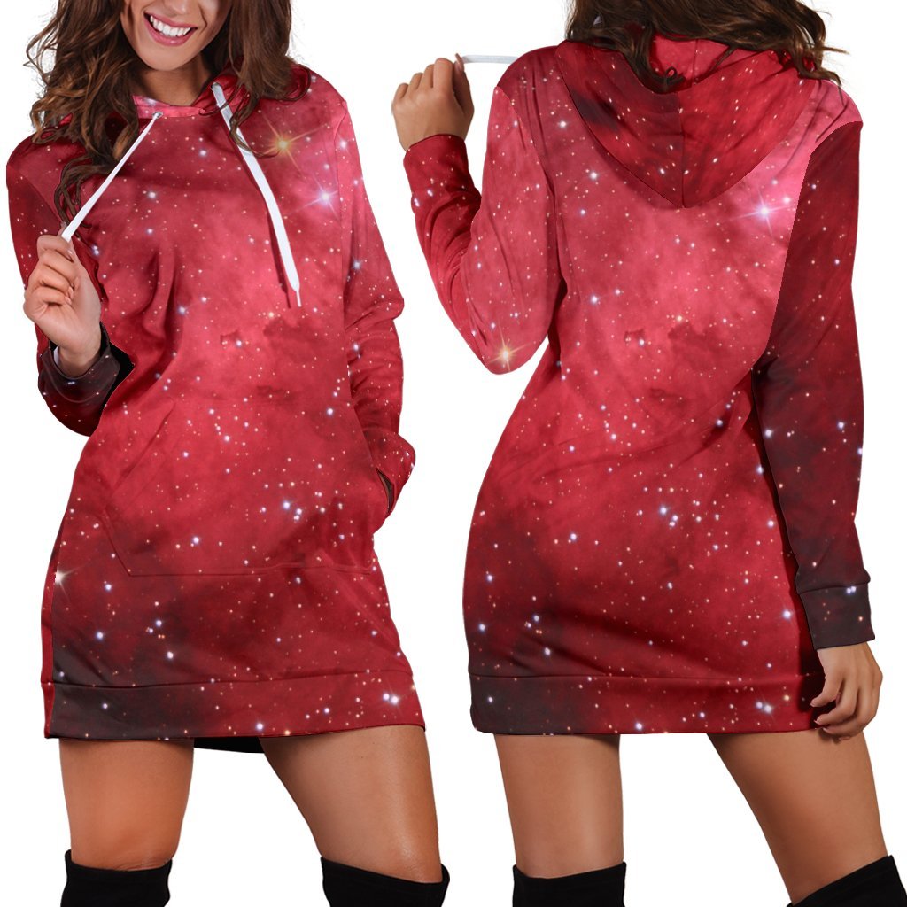 Red Galaxy Space Cloud Print Hoodie Dress GearFrost