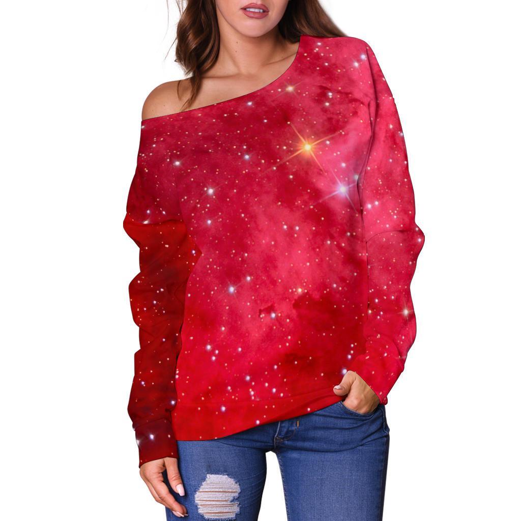 Red Galaxy Space Cloud Print Off Shoulder Sweatshirt GearFrost