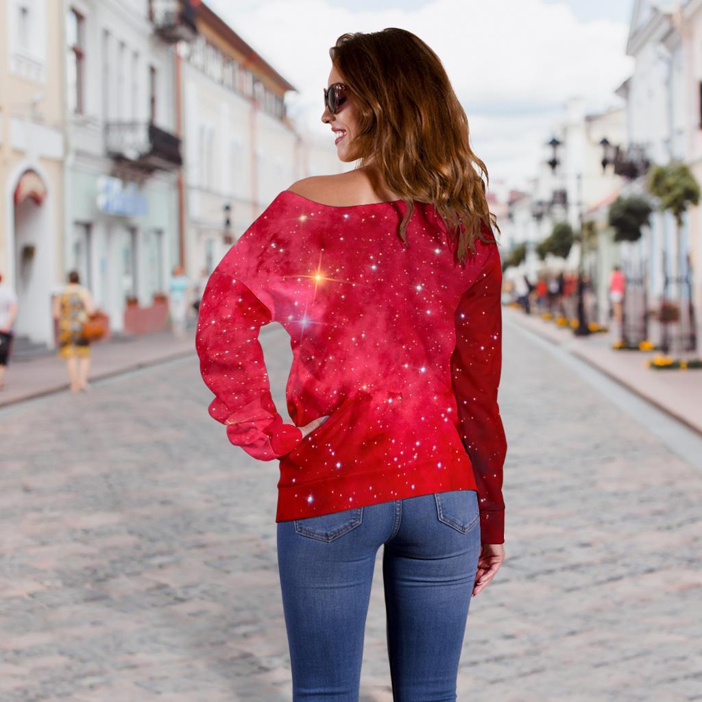 Red Galaxy Space Cloud Print Off Shoulder Sweatshirt GearFrost