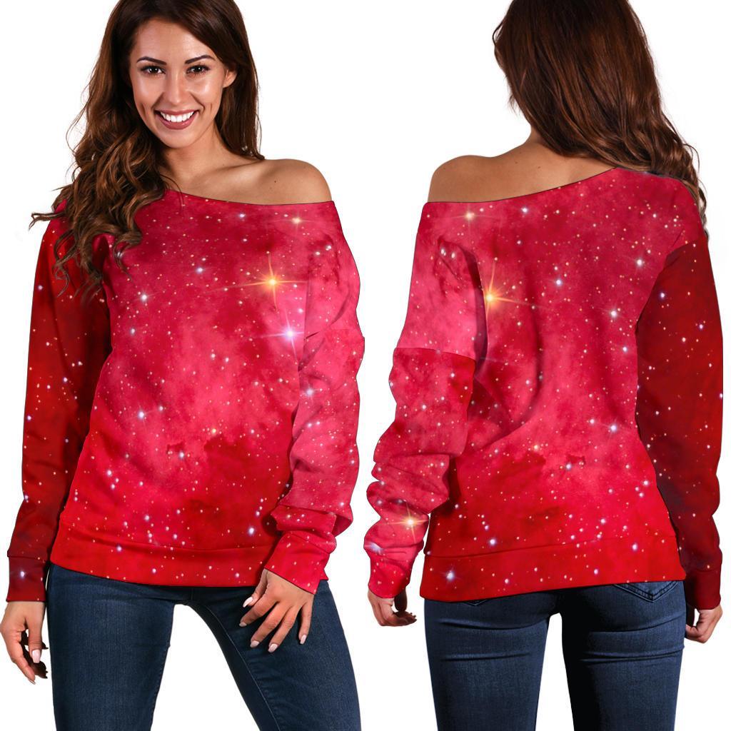 Red Galaxy Space Cloud Print Off Shoulder Sweatshirt GearFrost