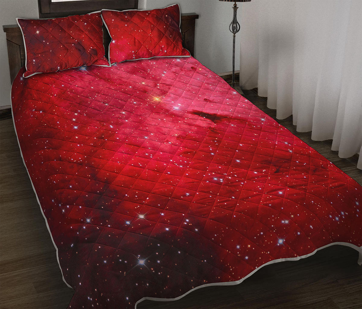 Red Galaxy Space Cloud Print Quilt Bed Set